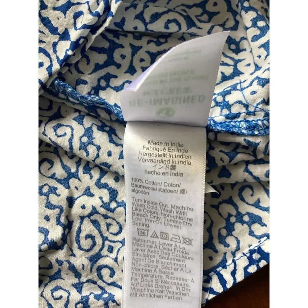J. Crew Blue and White Printed Peasant Blouse Womens M, Boho, Tassels